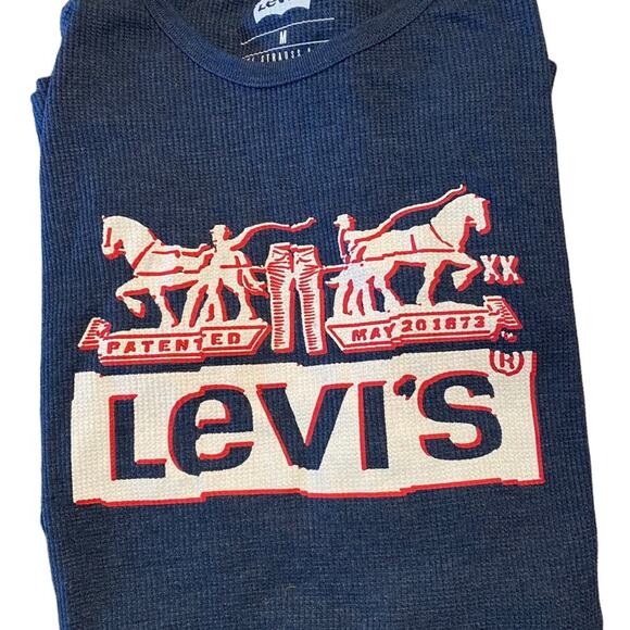 Levi’s Blue Waffle Weave Long Sleeve Blue Logo Shirt Mens Medium - Picture 1 of 5